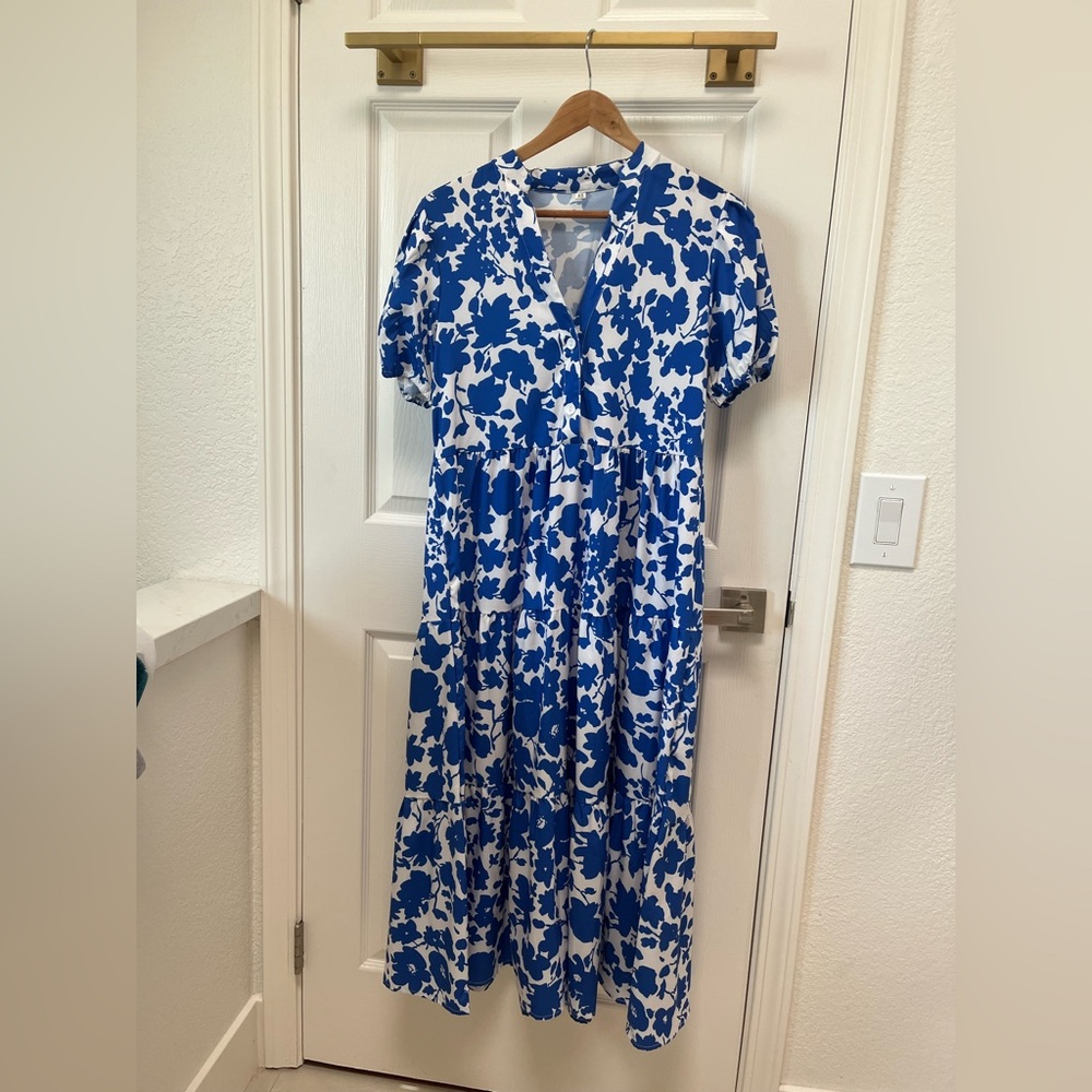 Blue & White Floral Tiered Midi Dress Cottagecore Summer